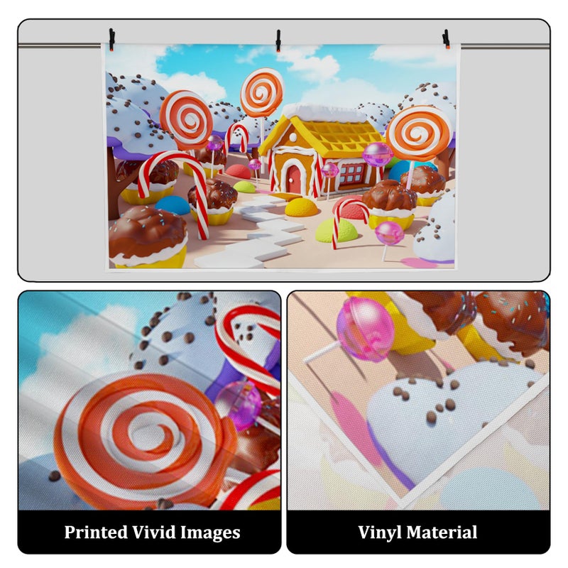 AOFOTO 5x3ft Kids Lollipop Candyland Photo Backdrop Vinyl Wallpaper Newborn Baby Sweet Cake Snow Covered House Candy World Cupcakes Photography Background Birthday Party Decor Photo Studio Props - Image 3